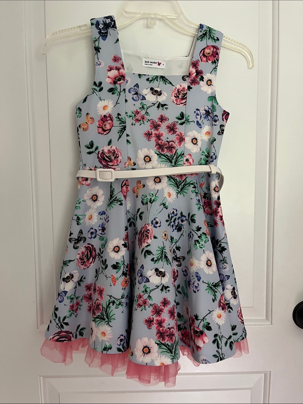 Knitworks Light Blue Floral Fit-and-Flare Dress with White Belt girls Size 7